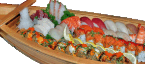 A wooden boat filled with various sushi and sashimi rolls