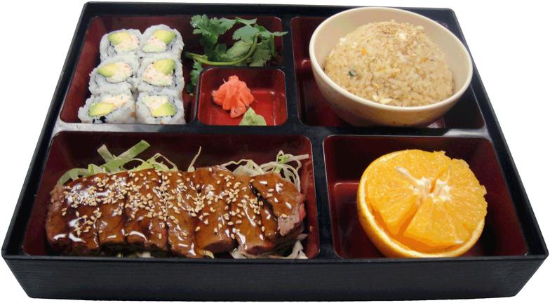 Lunch bento box showing california sushi roll with wasabi and ginger, fried rice bowl, half an orange, and sliced beef topped with teriyaki on a bed of lettuce.